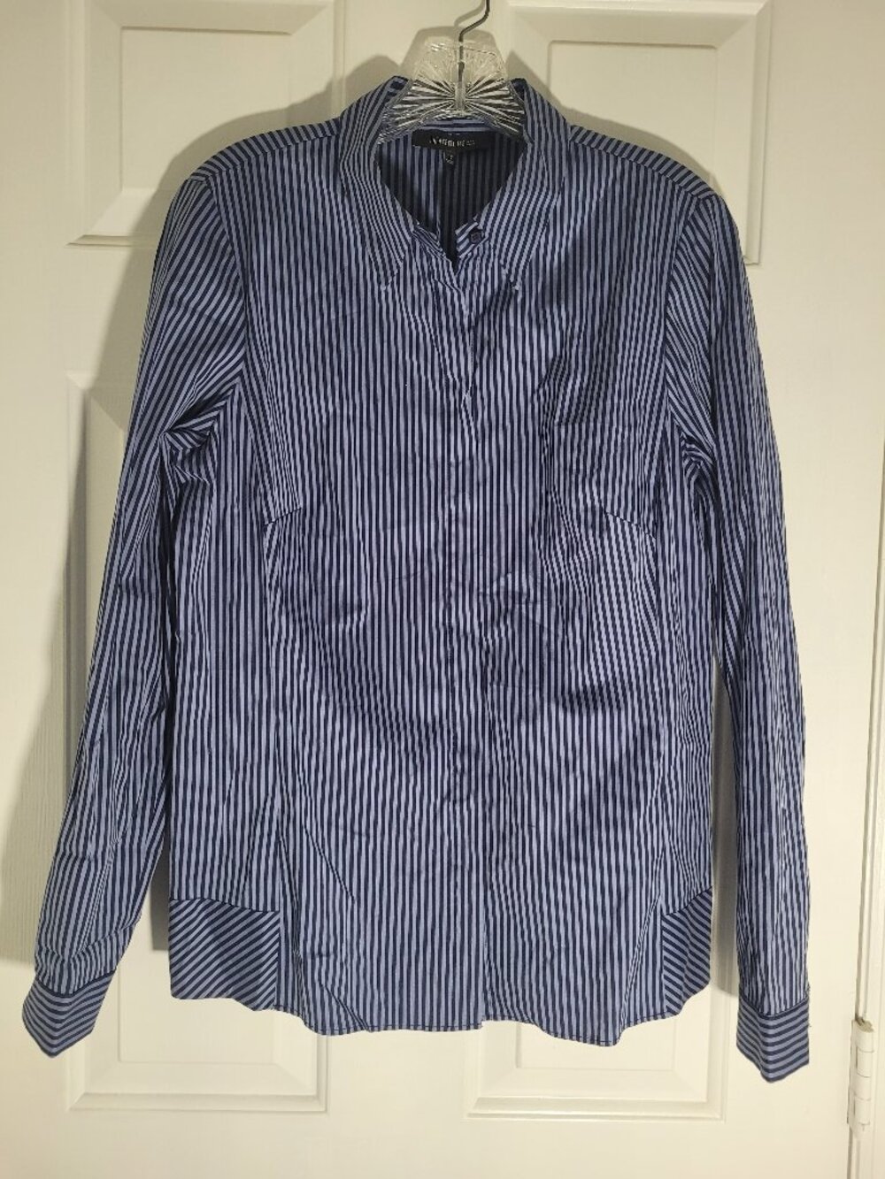 Lafayette 148 New York Striped Button Down Shirt Navy Blue Gray Women's 10 - Picture 3 of 6